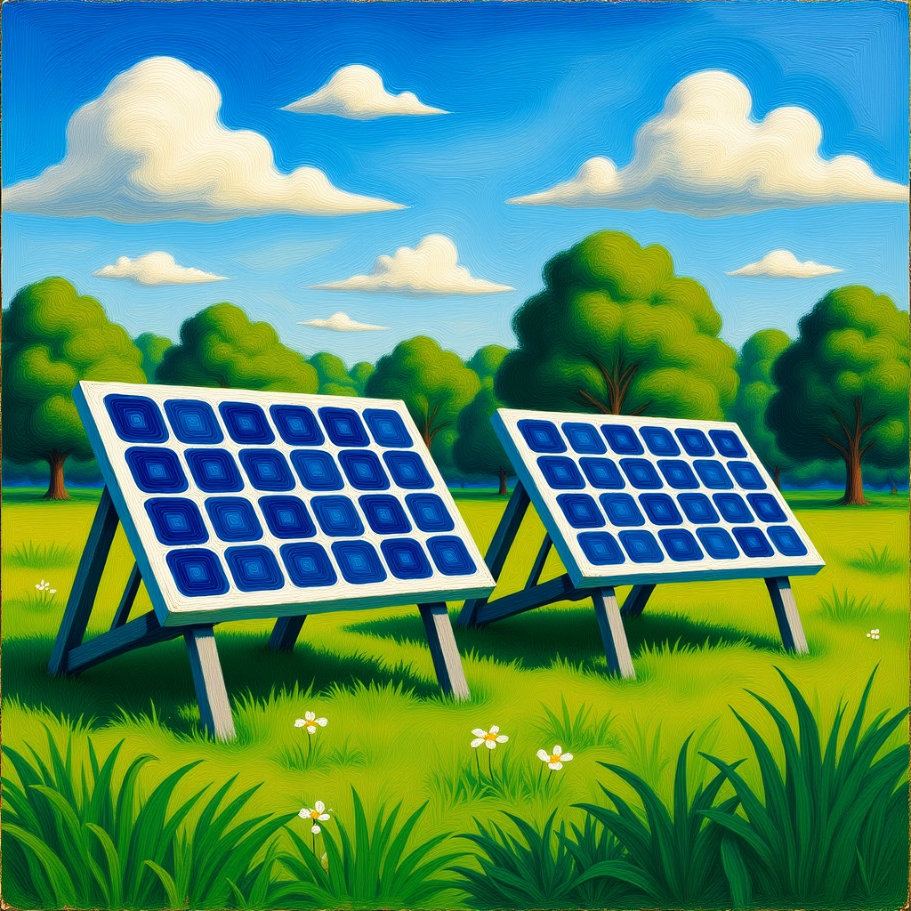 a painting of solar panels in a field
