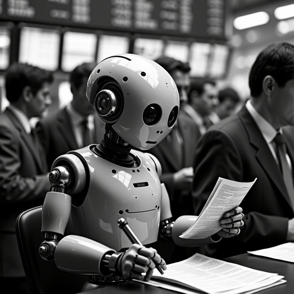 A robot is looking at papers and is surrounded by humans in a wall street trading centre